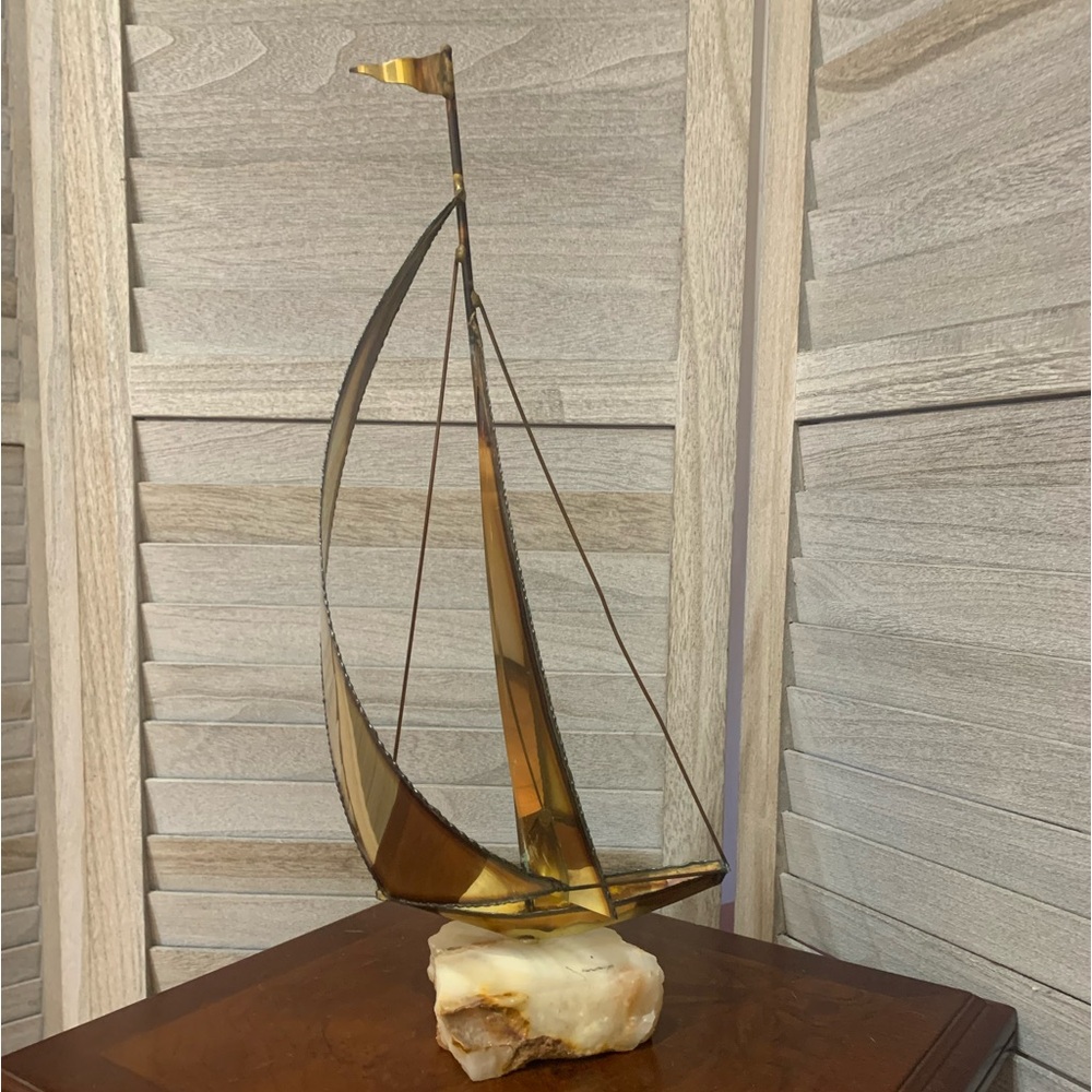Mid Century Brutalist Brass Sailboat Sculpture with Stone Base